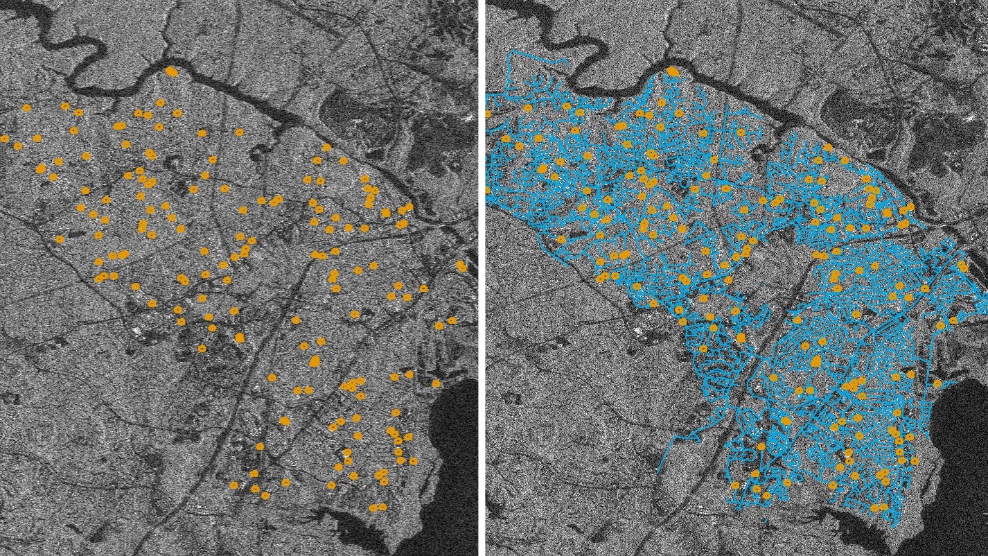 Caption: Asterra use satellite data to scan a geographic area (grey) and detect points of interest (yellow) within a water network (blue). A single image can cover over 1000 square miles