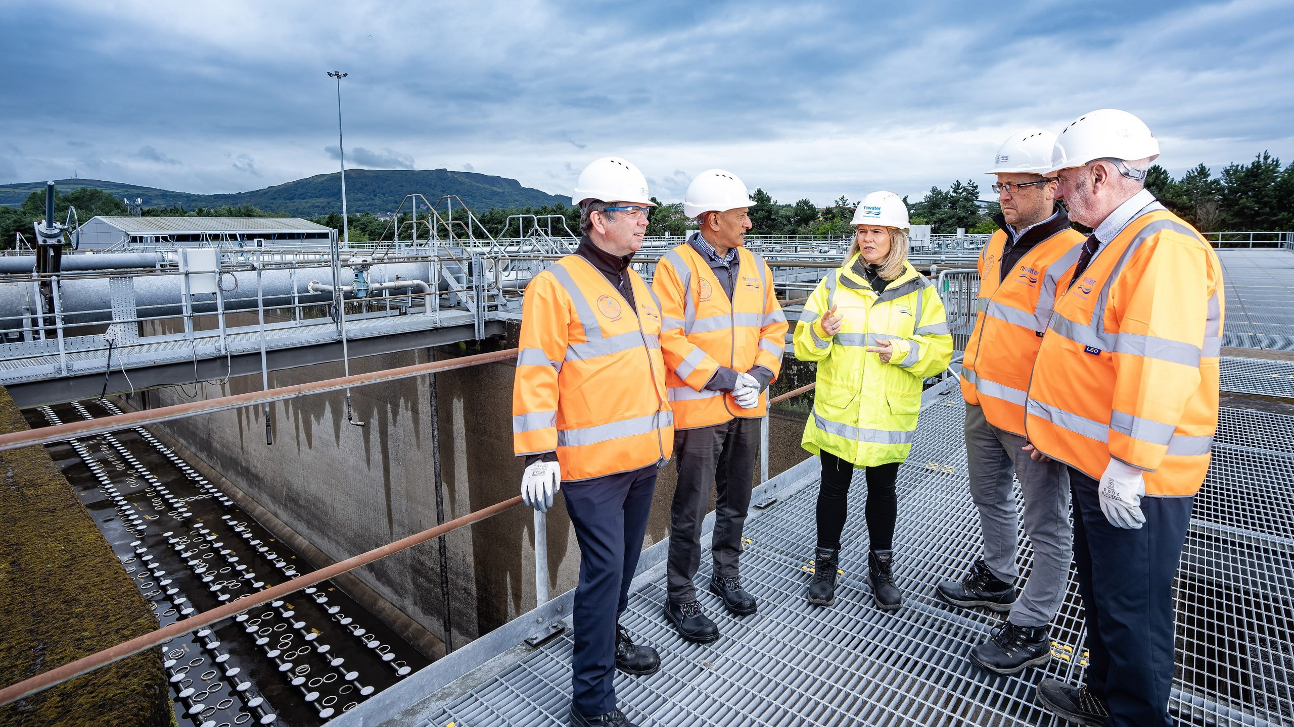 (L-R) Adrian Petticrew Kier-Bam, Narinder Sunner Stantec, Sara Venning CEO NI Water, Stephen Harding McAdam Design, and Tom Standring MWH Treatment pictured at Belfast Wastewater Treatment Works.