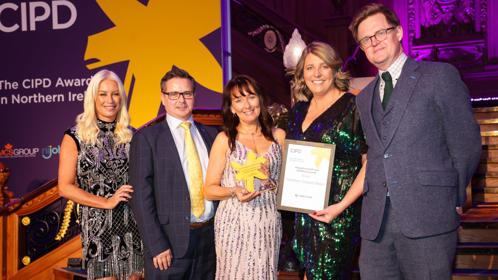 L-R: Denise Van Outen, Paul Gillen (Sponsor) Lewis Silkin, Alison Sweeney, NI Water Health and Wellbeing Manager, Claire Hanna – NI Water Recruitment Specialist and Tom Clarke, NI Water Group Compensation Manager.