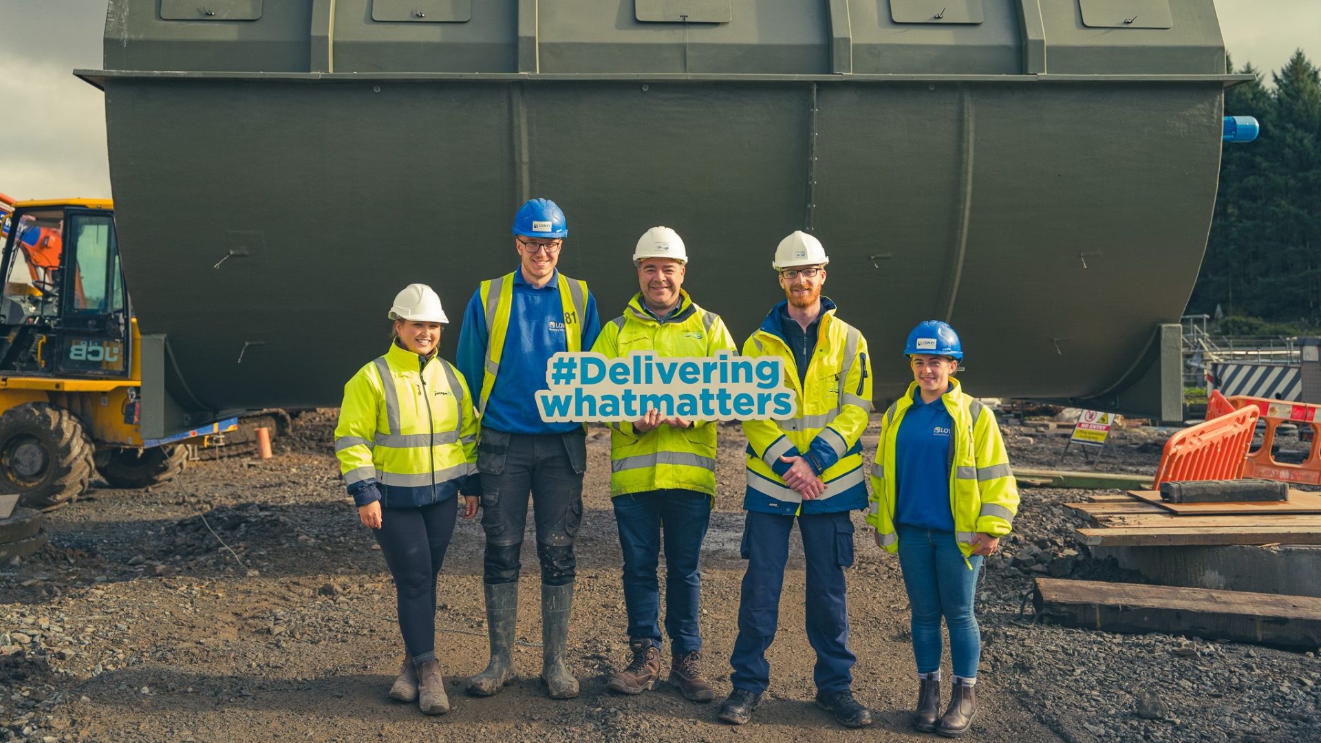 Pictured during the installation of the modern new treatment tanks at Mountfield WwTW are L-R: Laura McBride, Jacopa; Ross McIvor, Lowry; Sean Milligan and Chris Collins NI Water and Jodie Nethery, Lowry.