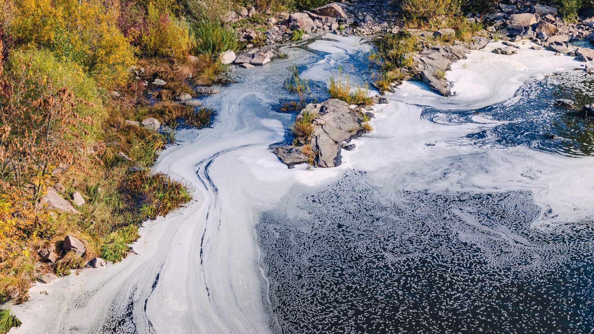Polluted river, foam on the water surface top view