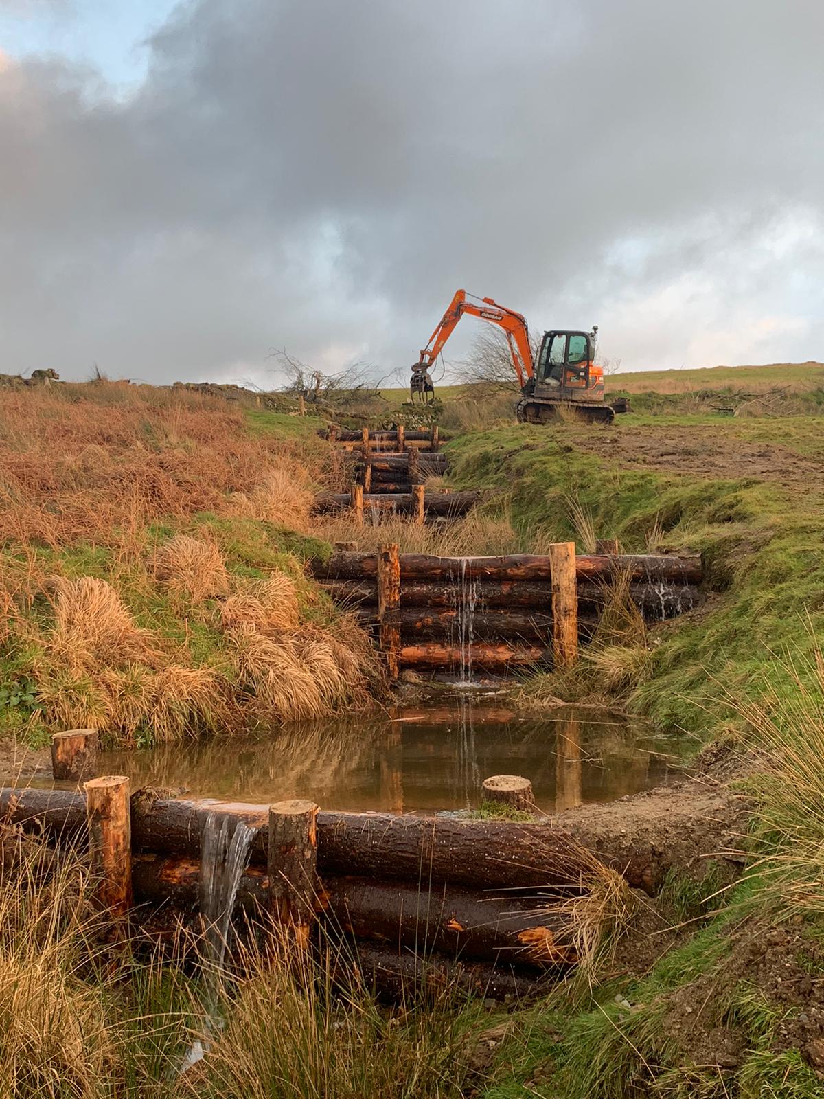 Example of logs helping to slow the flow of water in peatland restoration