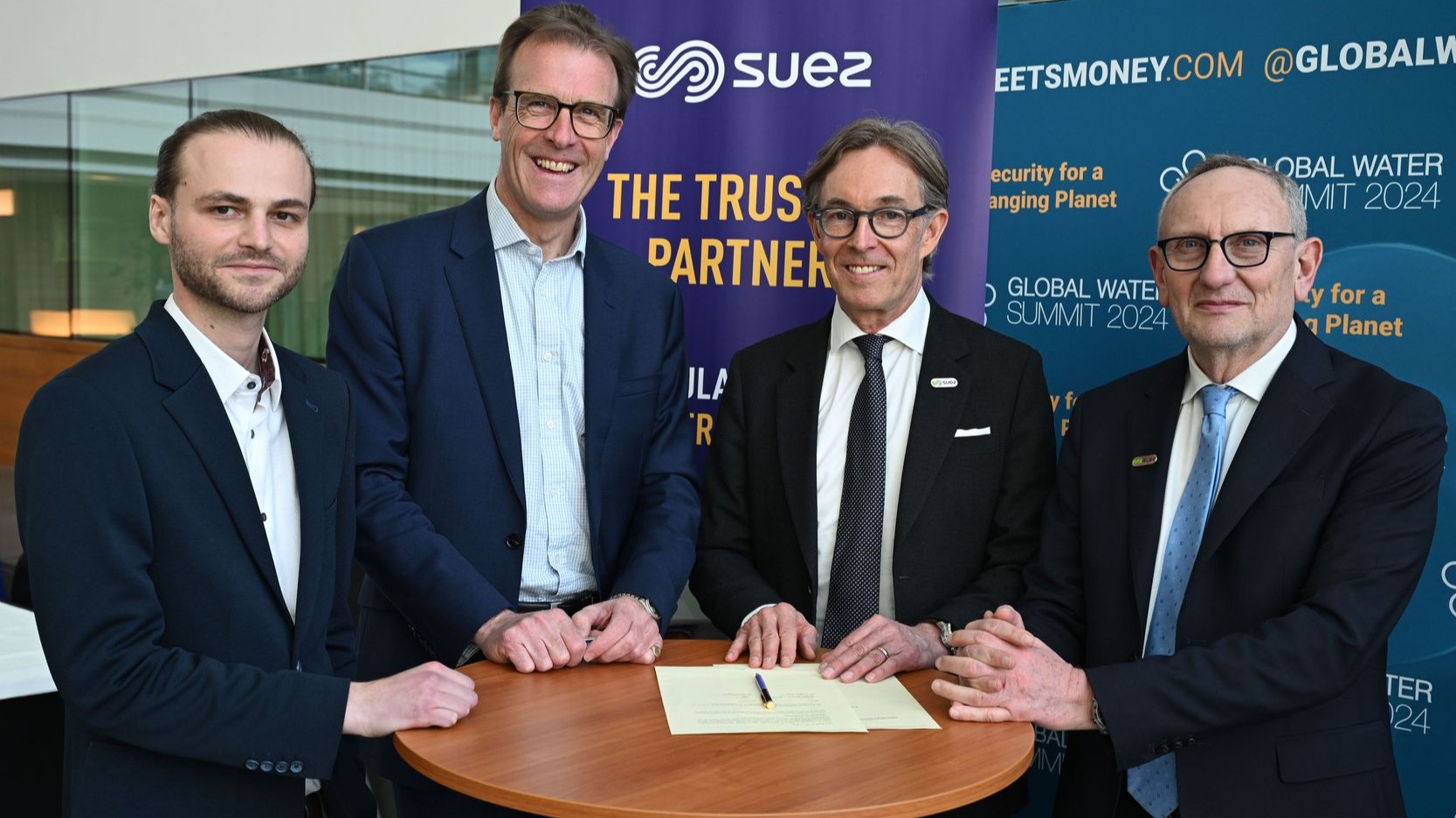 Left to right:, Tim Naughton, Co-Founder and CTO, Salinity Solutions Richard Bruges, CEO, Salinity Solutions Jörg Linsenmaier, Executive Vice President for SUEZ Engineering and Construction (Member of Executive Committee) Yvan Treal, Development Director SUEZ Water Treatment Infrastructure