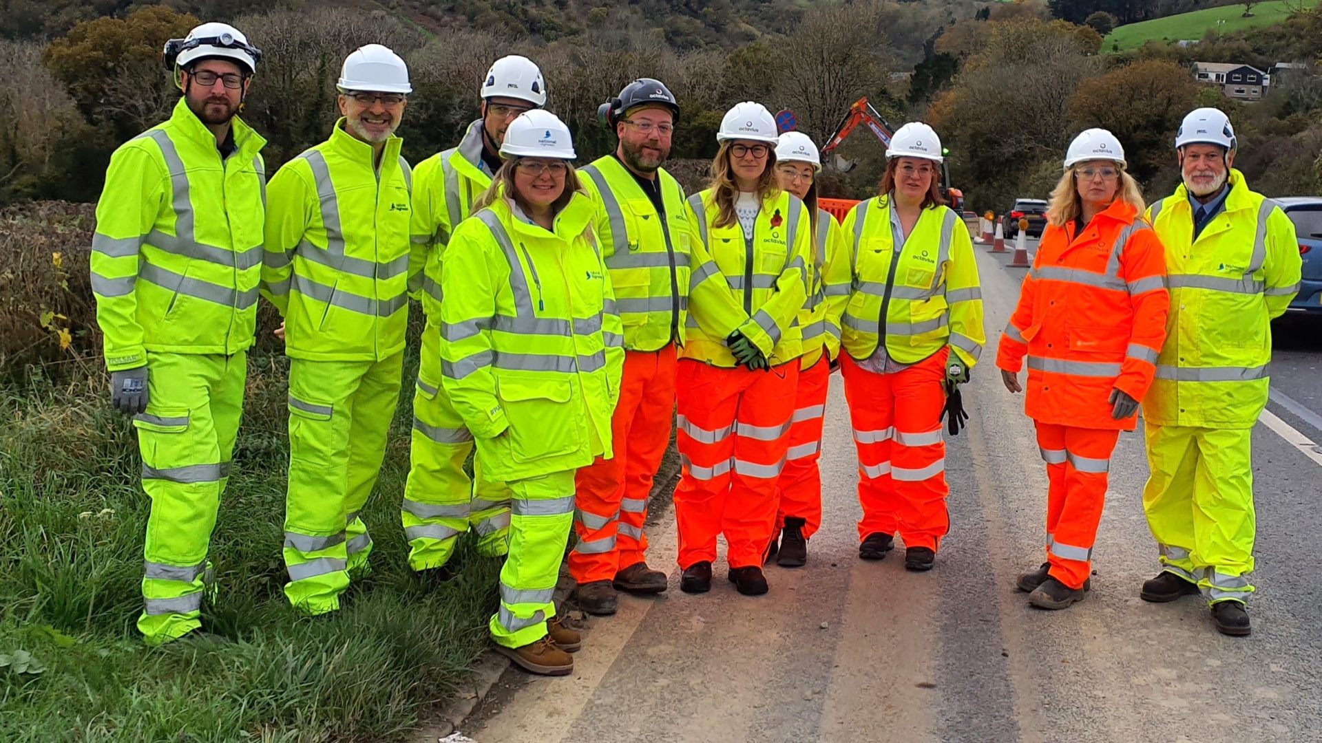 Anna Gelderd MP (fifth right) with National Highways and Octavius representatives on the recent site visit to the A38 Notter Bridge scheme
