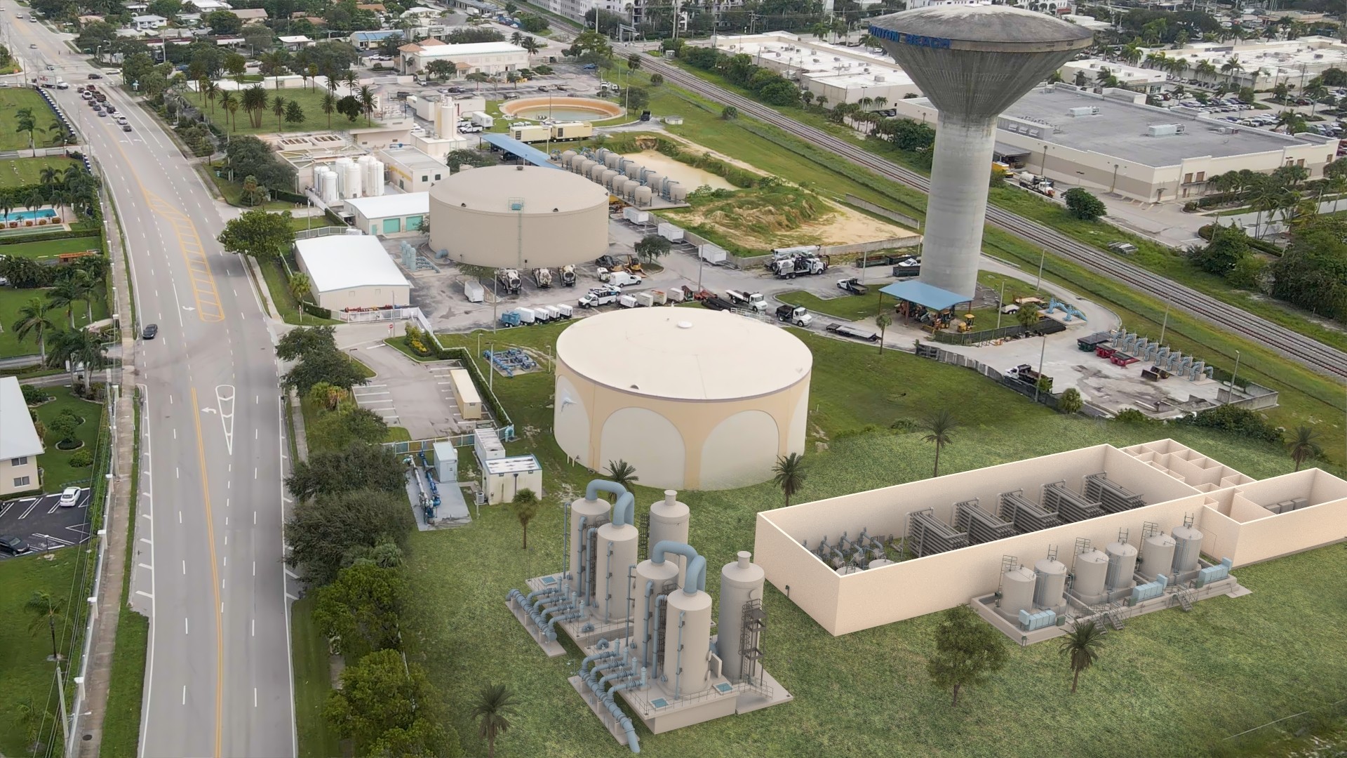 Rendering of possible East WTP upgrades, including post-treatment adsorbers (background) or new membrane system (foreground).