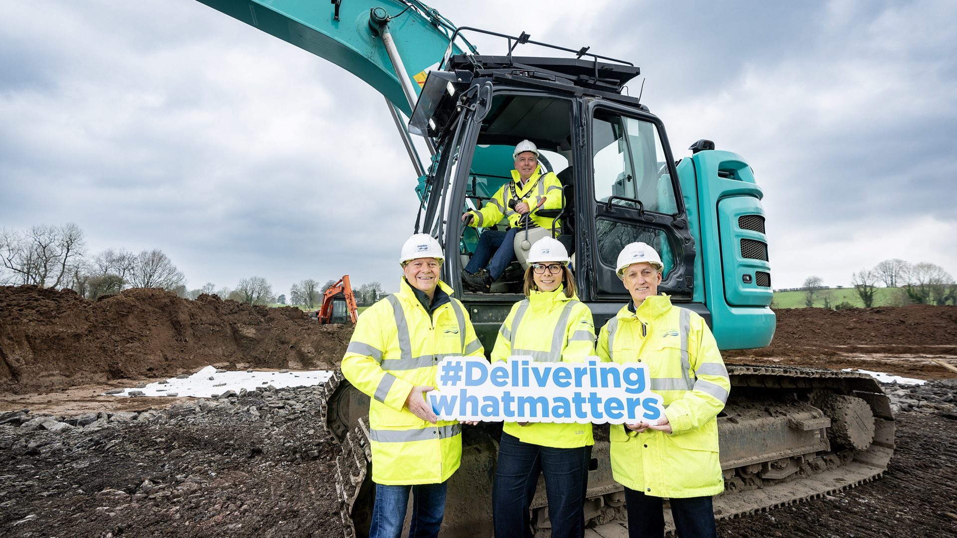 Chair of Mid Ulster Council, Eugene McConnell joins (L-R) Mark Mitchell, Tzvetelina Bogoina and Eamon McManus (all NI Water) on site at Clogher.
